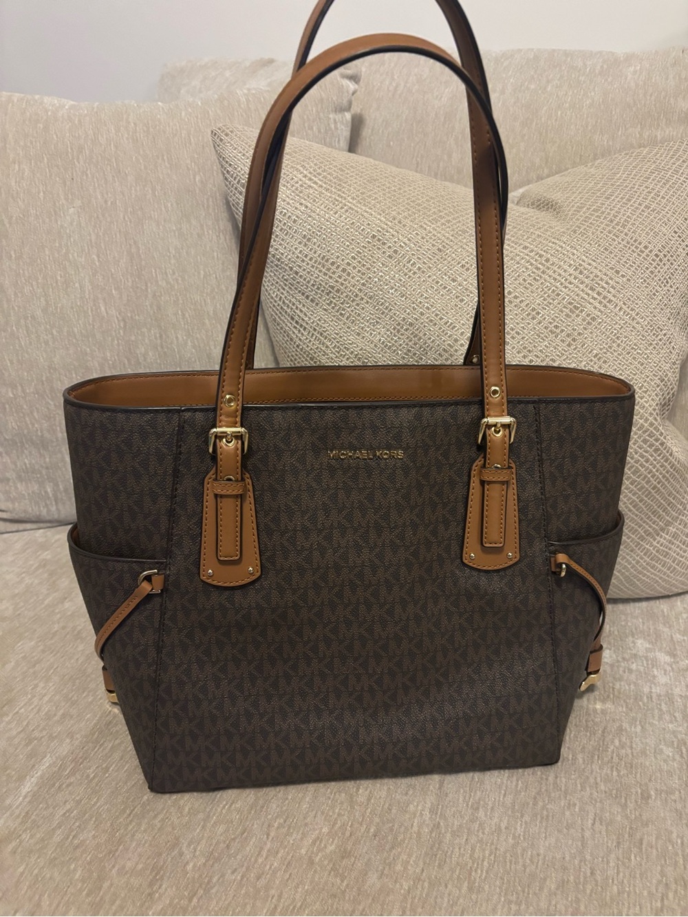 Michael Kors Brown and Tan Signature Tote with Gold Hardware (Authentic)